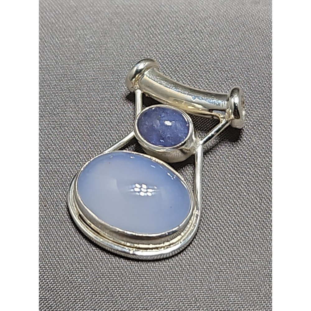 Sajen Sterling Silver Slide Pendant Blue Chalcedony Cabochon 1.25" Vintage